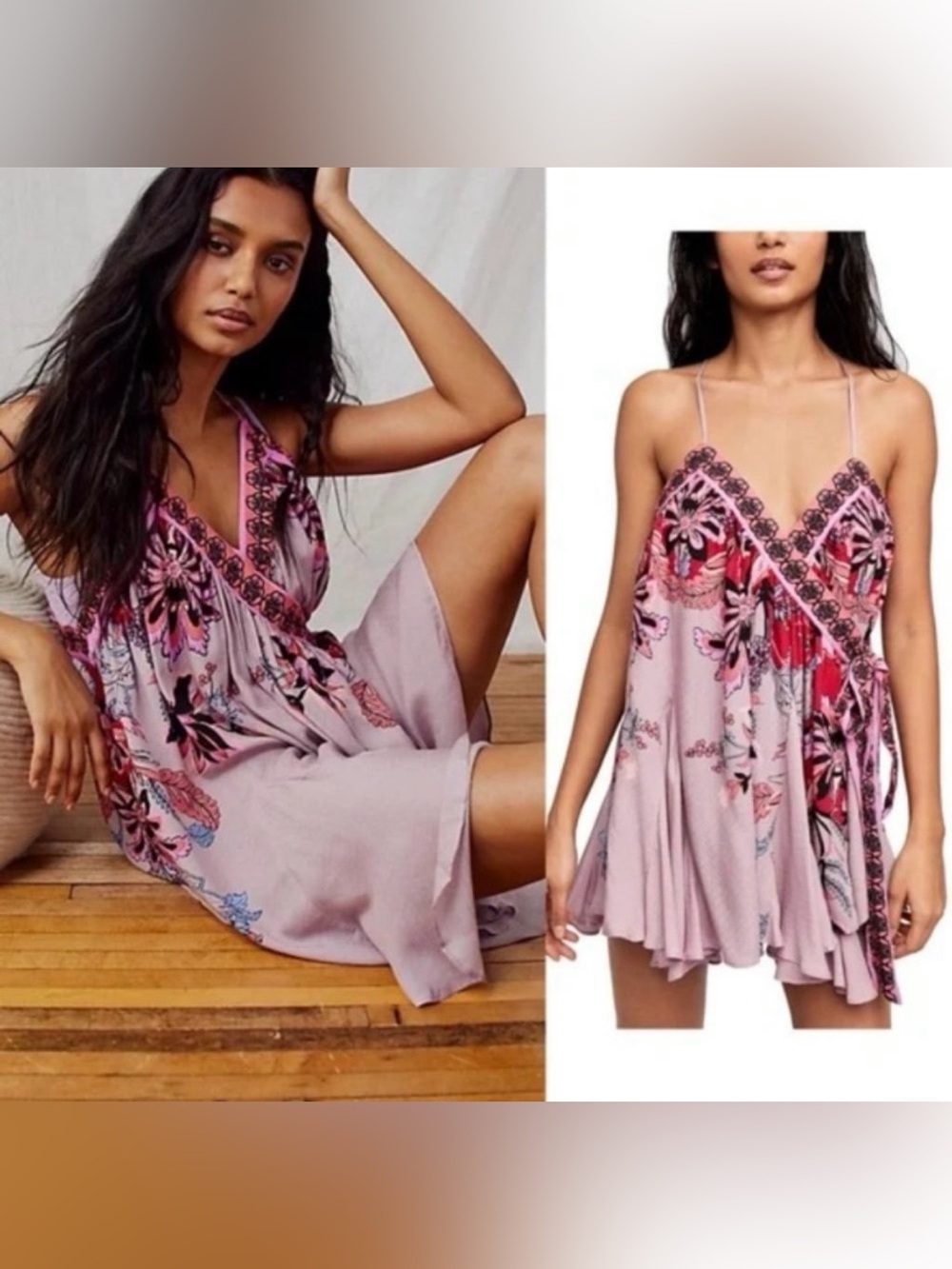 Intimately Free People Garden Slip  in Silver Leaves Combo Pink Floral Mini Wrap